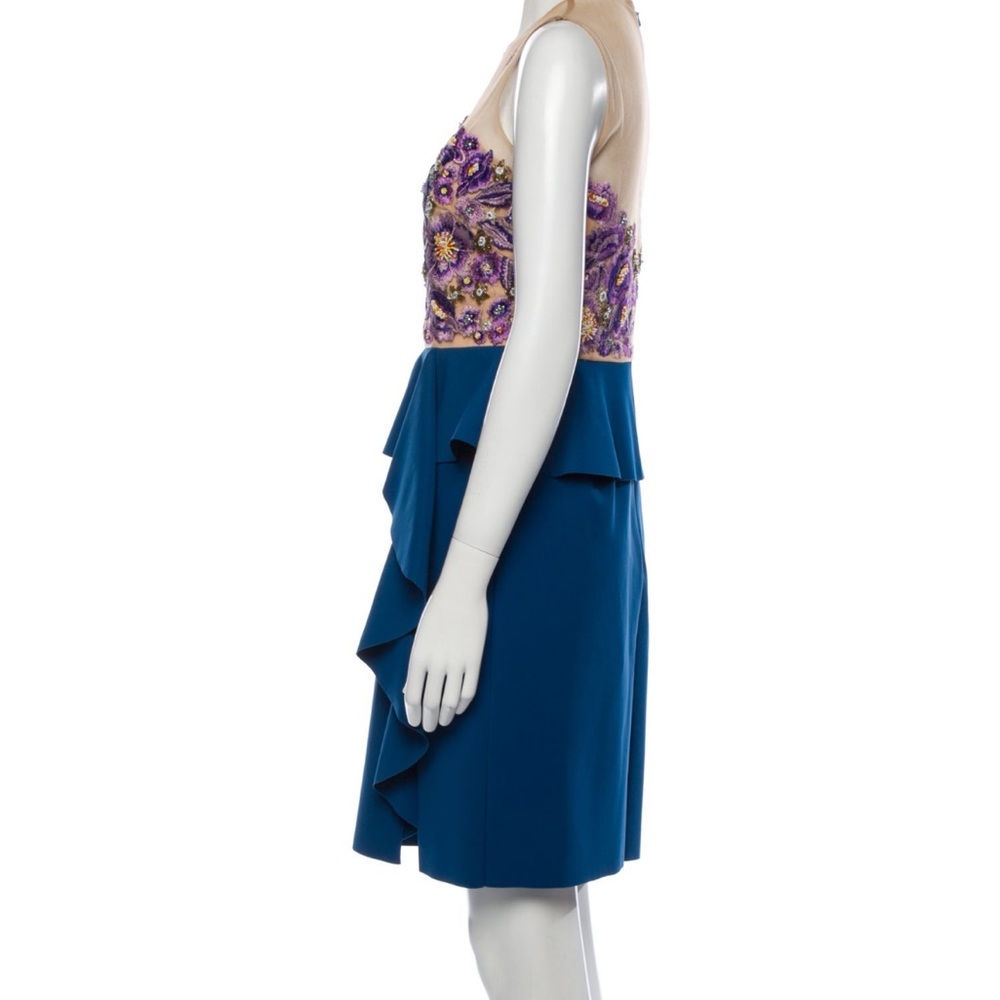 Marchesa Blue and Purple Tiered Embroidered & Ruffled Midi Dress